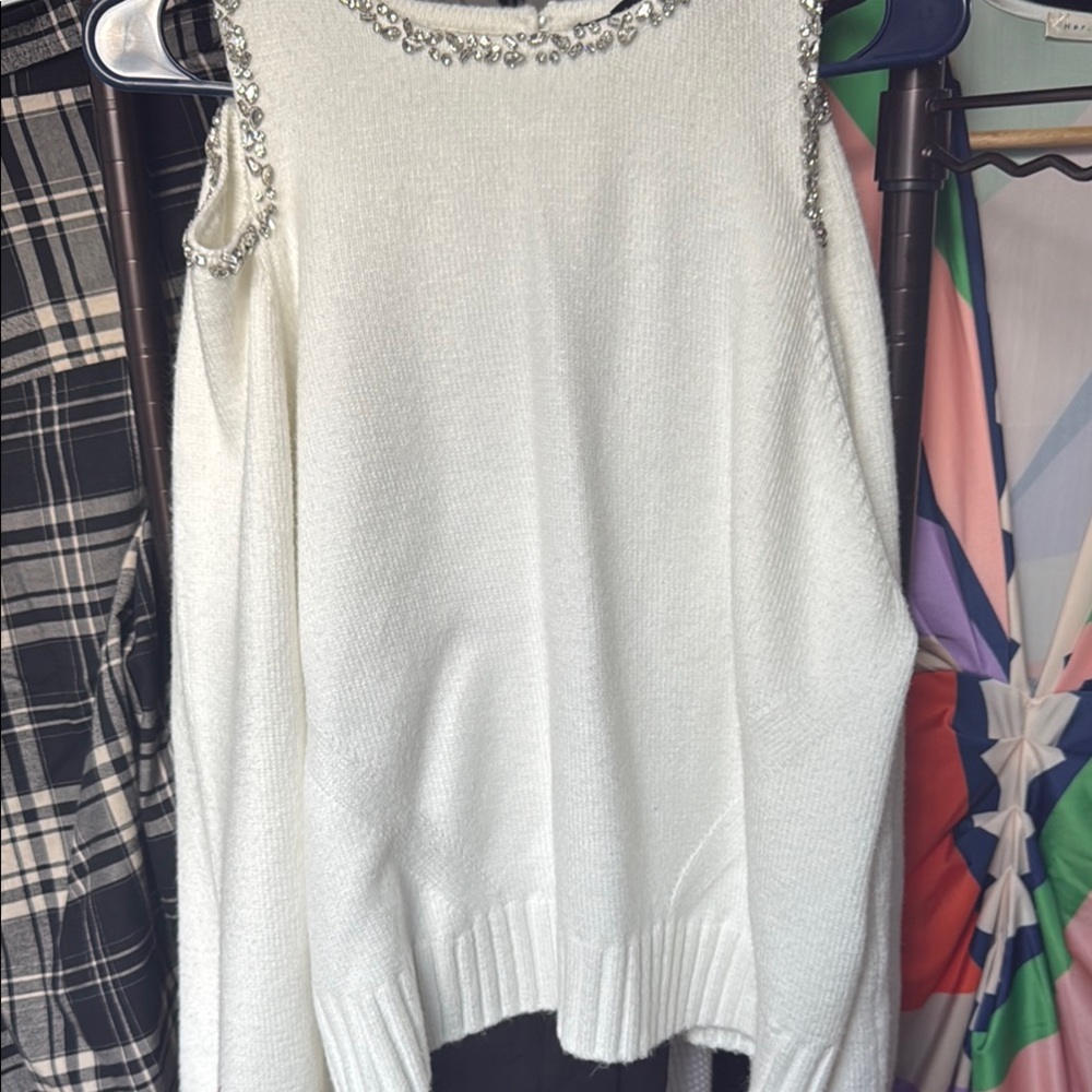 White Crew Neck Sweater with Decorative Embellishments